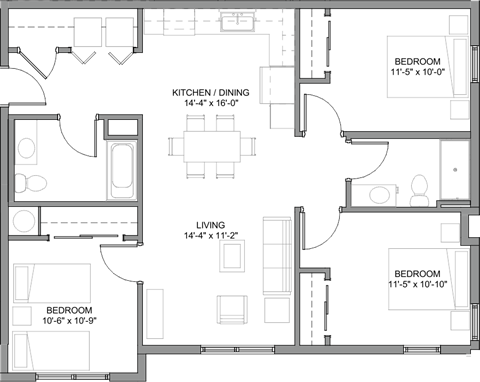 Floor plan for 3 beds, 2 baths, 1335 sqft